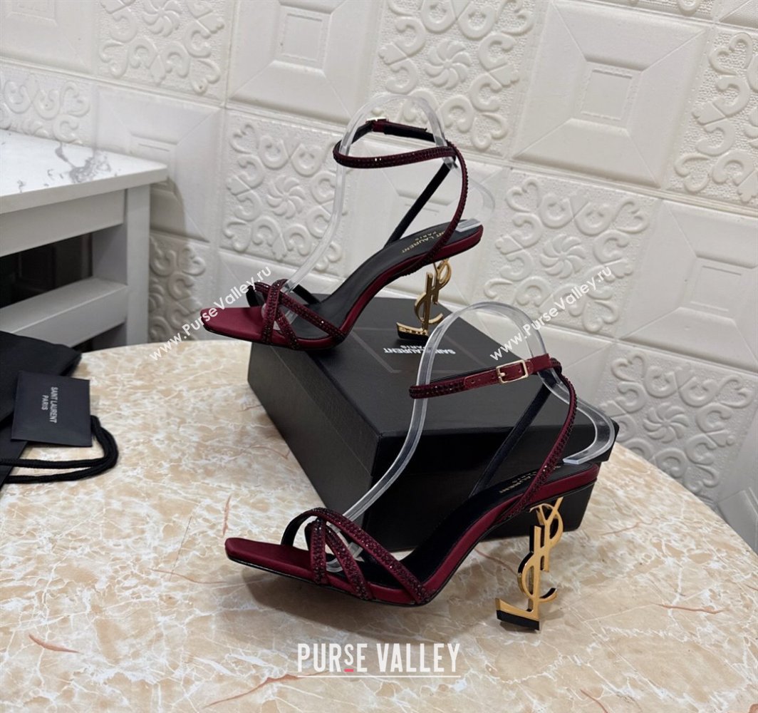 Saint Laurent Opyum YSL Heel Sandals 10.5cm in Satin and Strass Burgundy 2025 782840 (MD-250424047)