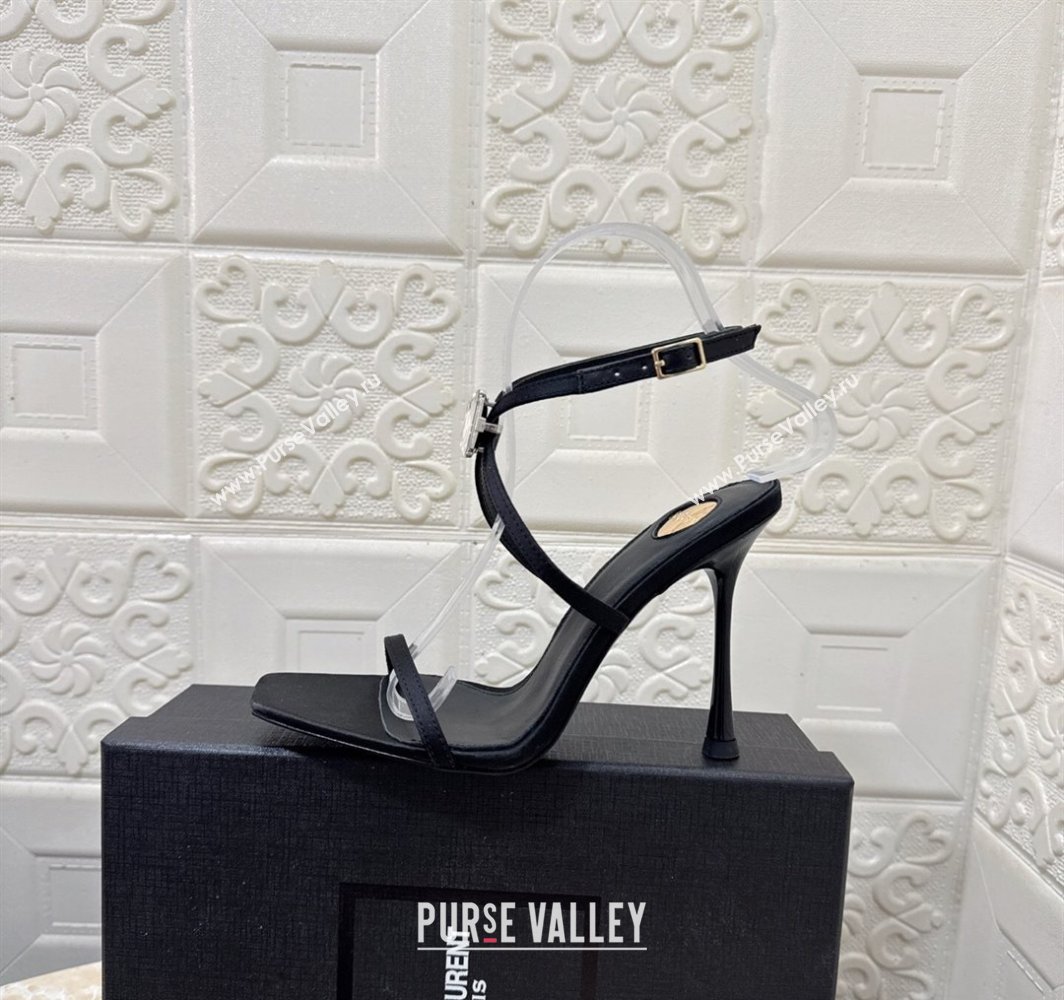 Saint Laurent Harlow Heeled Sandals 10.5cm in Satin with Strass and Stone Black 2025 8079649 (MD-250424049)