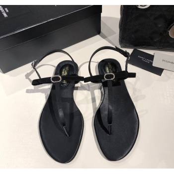 Saint Laurent Suede Flat Thong Sandals with Strass Bow Black 2025 YSL042402 (MD-250424006)