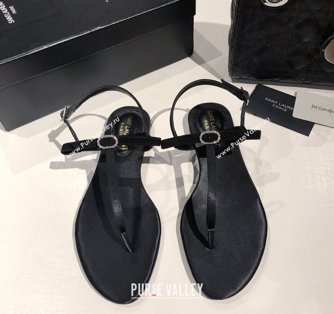 Saint Laurent Suede Flat Thong Sandals with Strass Bow Black 2025 YSL042402 (MD-250424006)