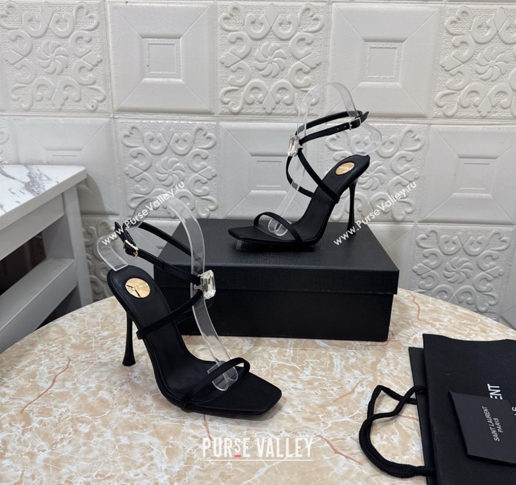 Saint Laurent Harlow Heeled Sandals 10.5cm in Satin with Strass and Stone Black 2025 8079649 (MD-250424049)