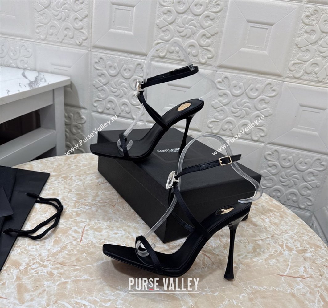 Saint Laurent Harlow Heeled Sandals 10.5cm in Satin with Strass and Stone Black 2025 8079649 (MD-250424049)