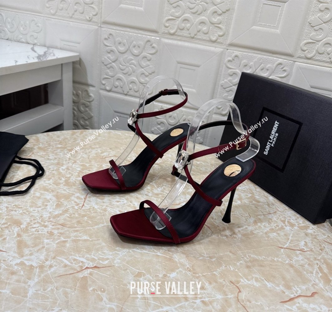 Saint Laurent Harlow Heeled Sandals 10.5cm in Satin with Strass and Stone Burgundy 2025 8079649 (MD-250424051)