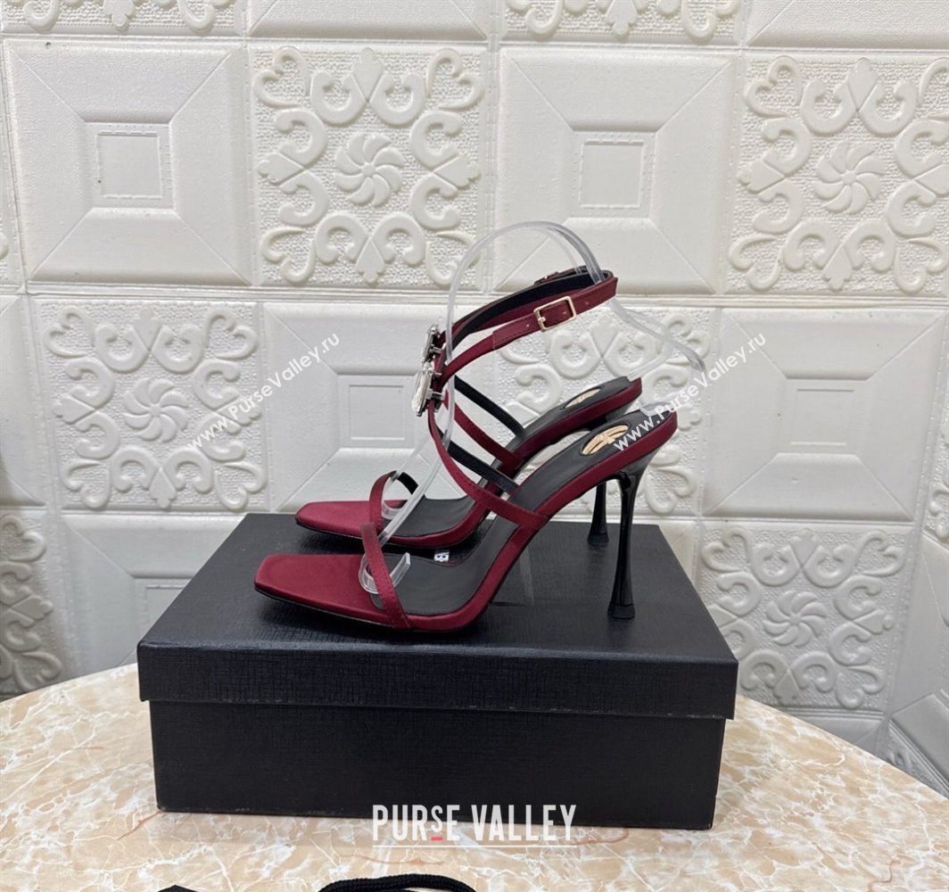 Saint Laurent Harlow Heeled Sandals 10.5cm in Satin with Strass and Stone Burgundy 2025 8079649 (MD-250424051)