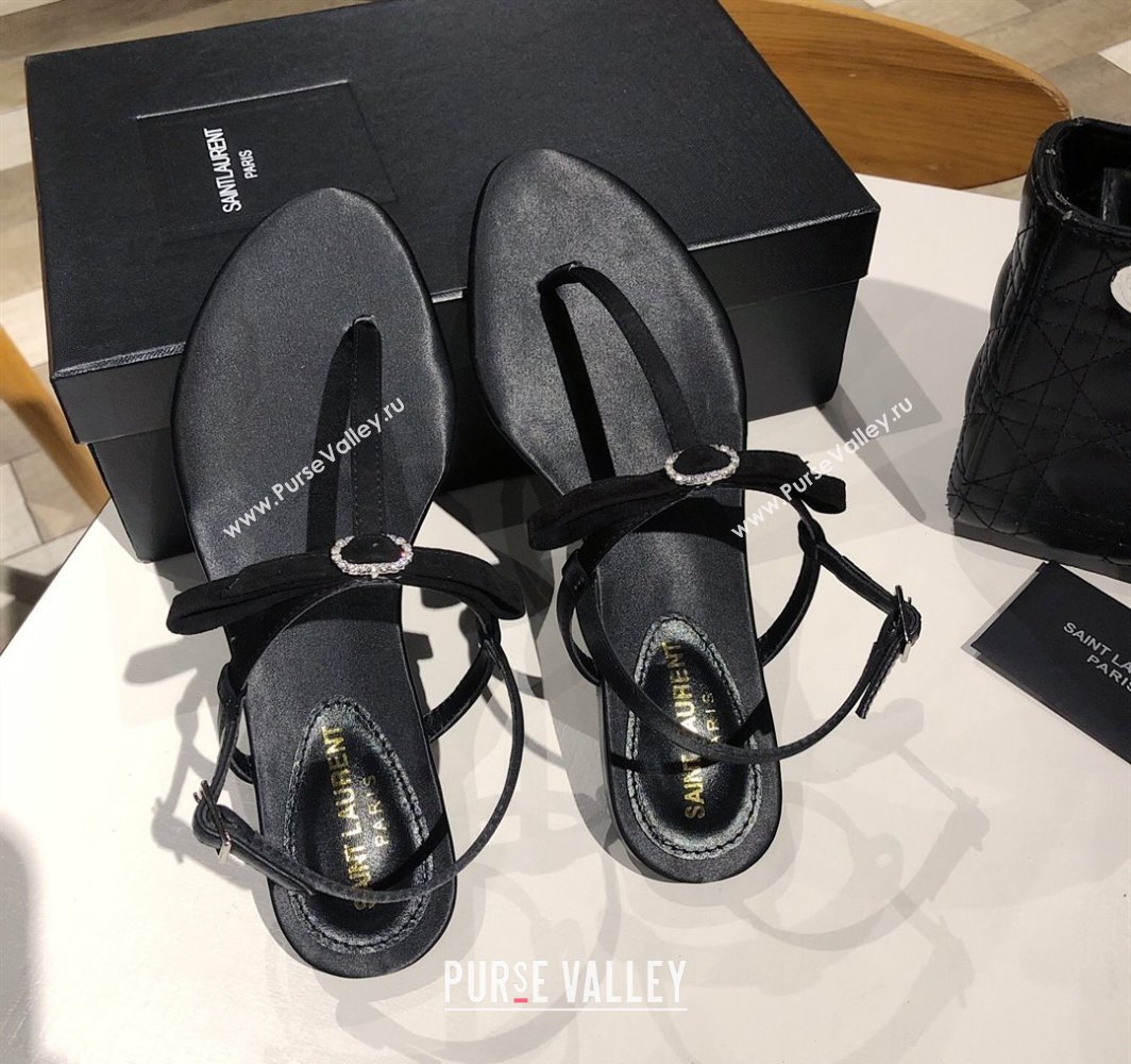 Saint Laurent Suede Flat Thong Sandals with Strass Bow Black 2025 YSL042402 (MD-250424006)