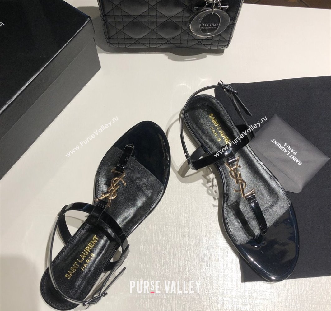 Saint Laurent Cassandra Flat Thong Sandals in Patent Leather Black/Gold 2025 0424 (MD-250424001)