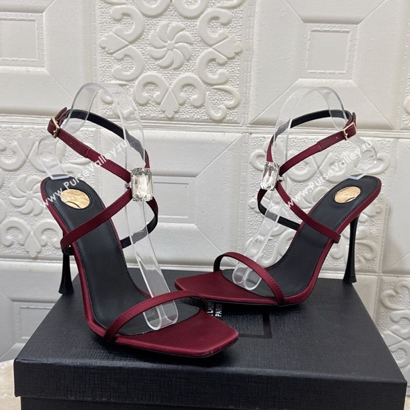 Saint Laurent Harlow Heeled Sandals 10.5cm in Satin with Strass and Stone Burgundy 2025 8079649 (MD-250424051)