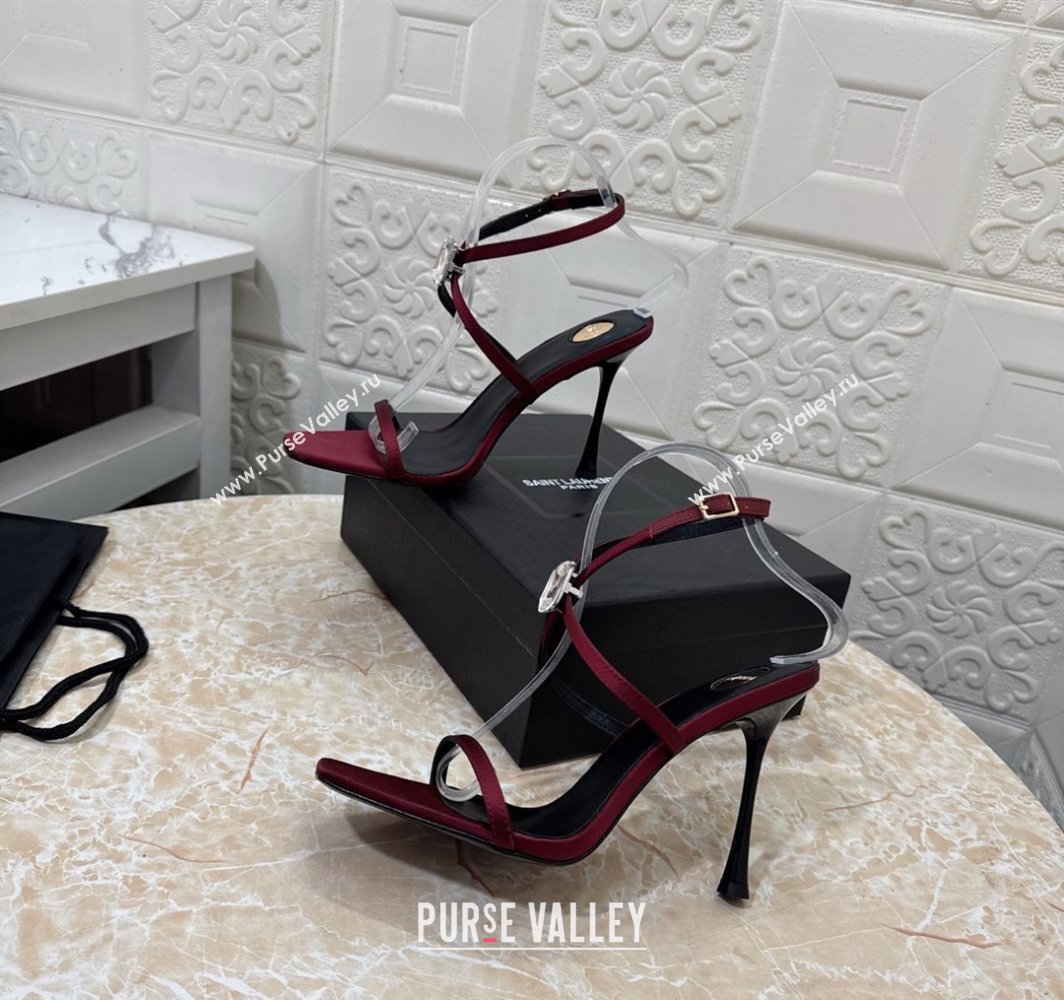 Saint Laurent Harlow Heeled Sandals 10.5cm in Satin with Strass and Stone Burgundy 2025 8079649 (MD-250424051)