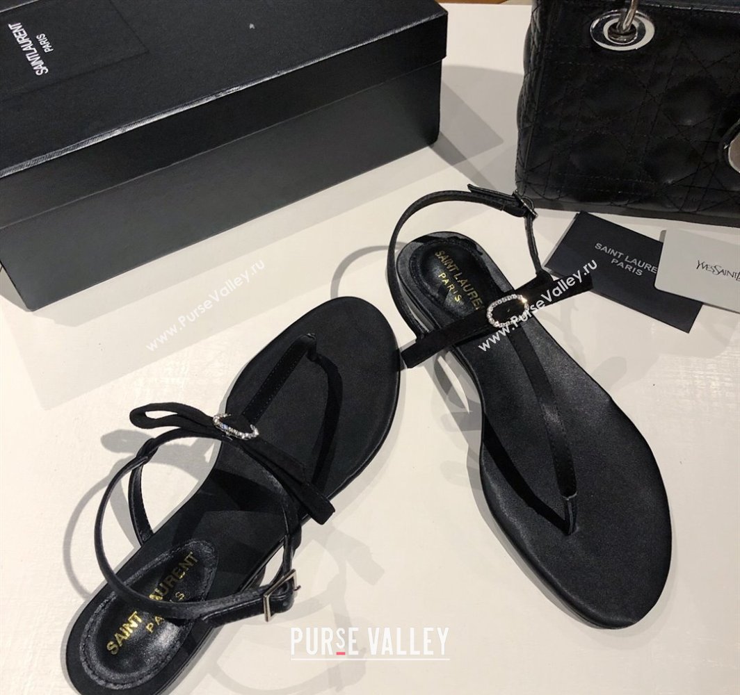 Saint Laurent Suede Flat Thong Sandals with Strass Bow Black 2025 YSL042402 (MD-250424006)