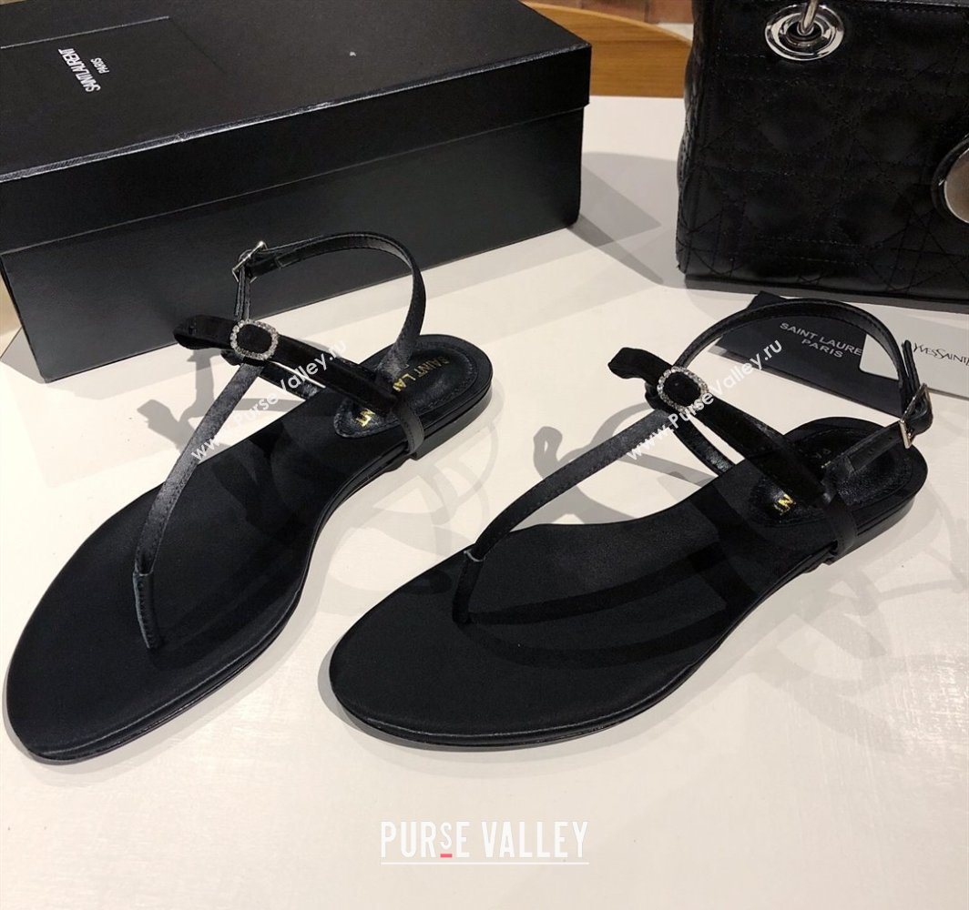 Saint Laurent Suede Flat Thong Sandals with Strass Bow Black 2025 YSL042402 (MD-250424006)
