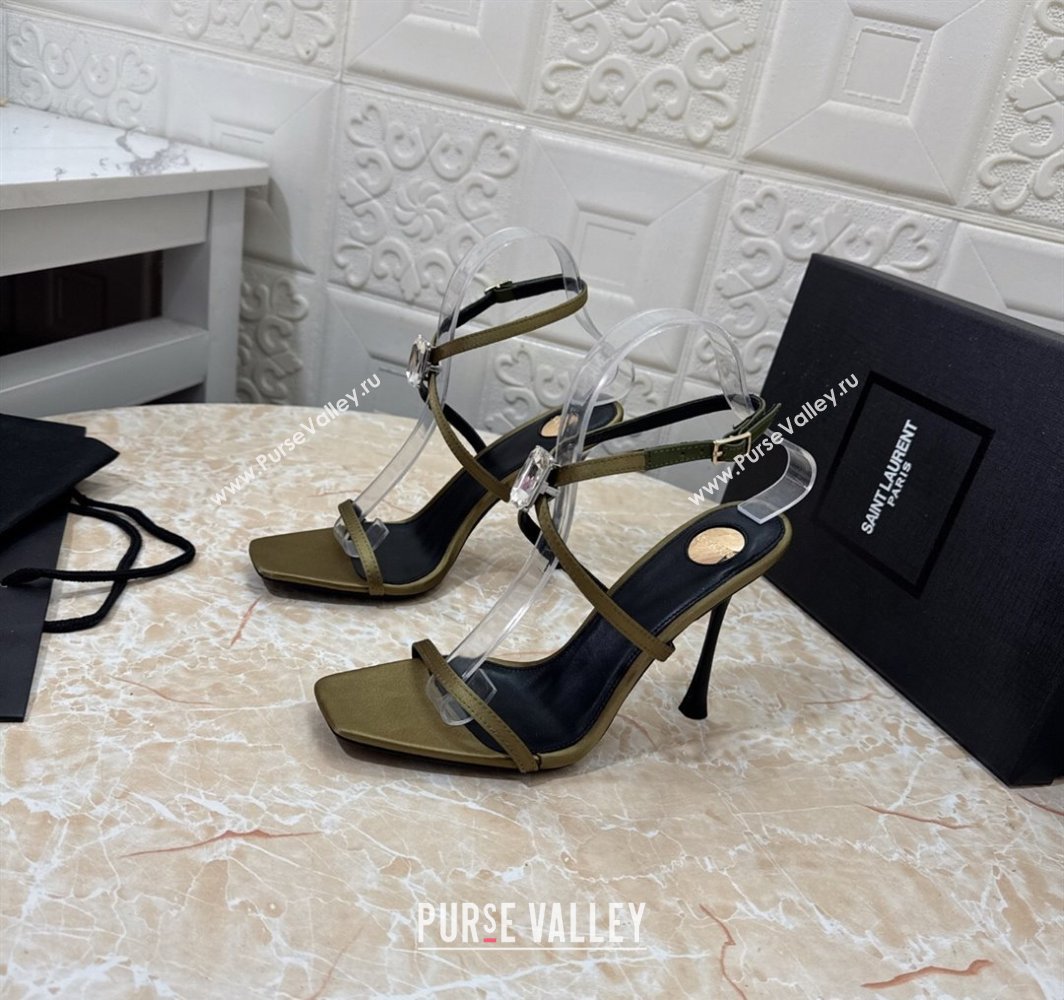 Saint Laurent Harlow Heeled Sandals 10.5cm in Satin with Strass and Stone Green 2025 8079649 (MD-250424054)