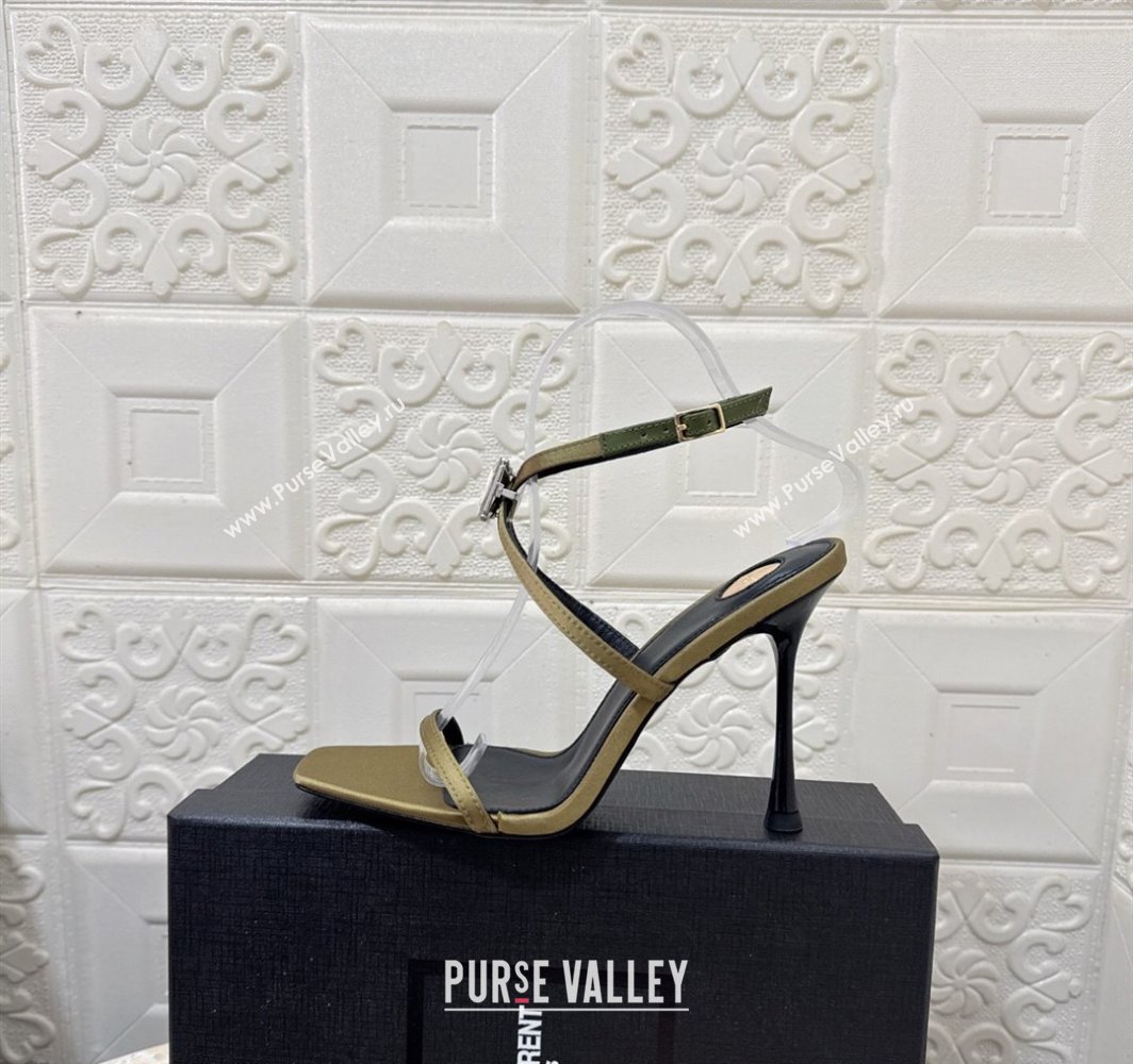 Saint Laurent Harlow Heeled Sandals 10.5cm in Satin with Strass and Stone Green 2025 8079649 (MD-250424054)