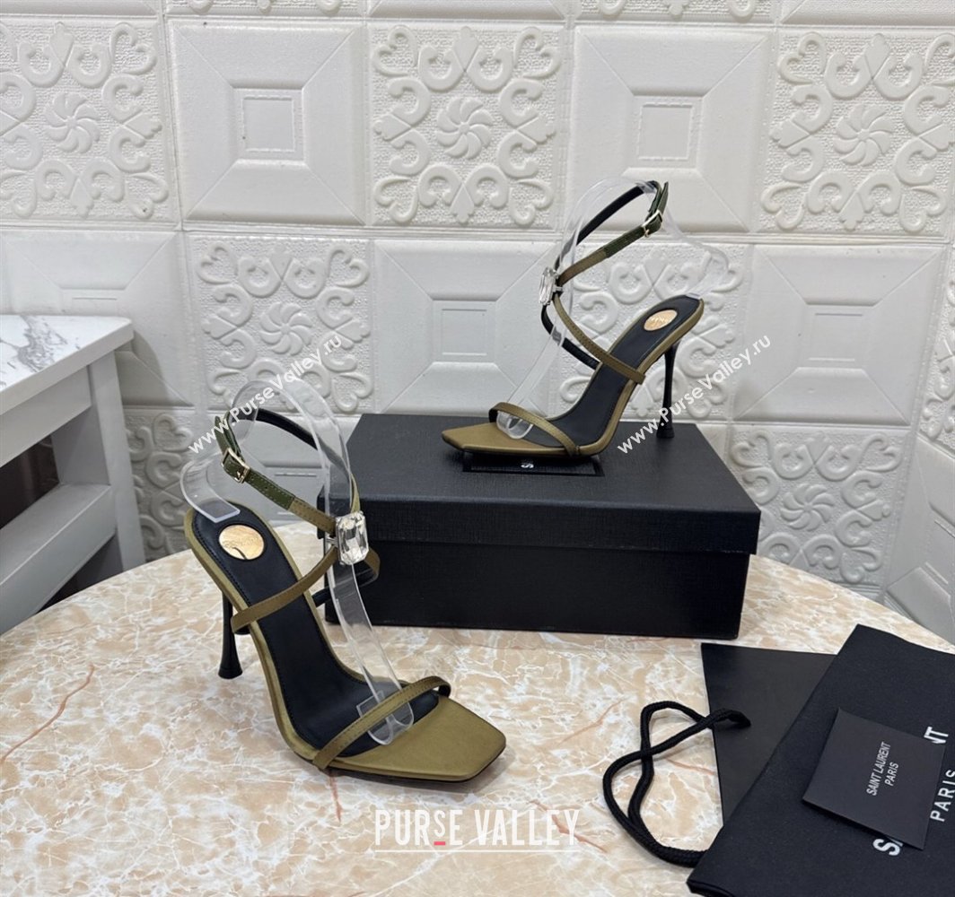 Saint Laurent Harlow Heeled Sandals 10.5cm in Satin with Strass and Stone Green 2025 8079649 (MD-250424054)