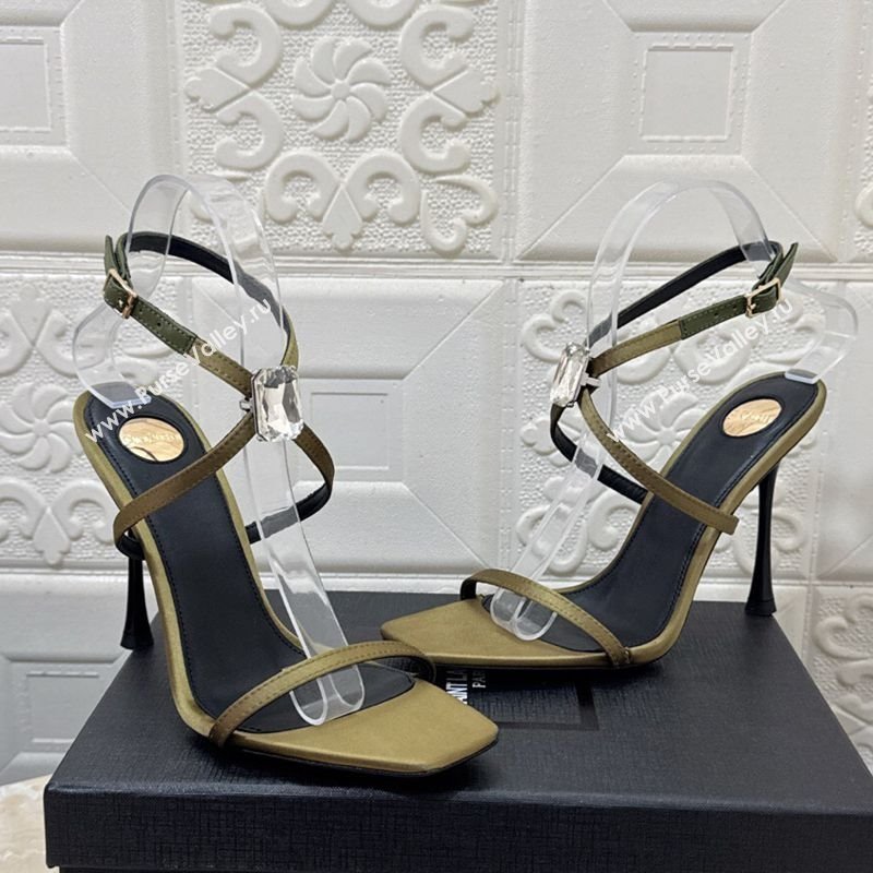 Saint Laurent Harlow Heeled Sandals 10.5cm in Satin with Strass and Stone Green 2025 8079649 (MD-250424054)