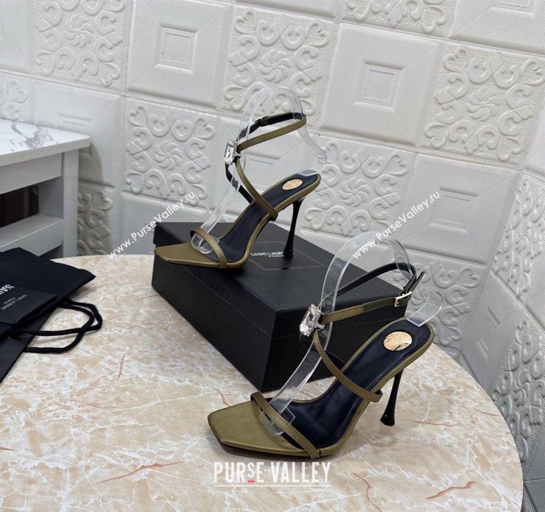 Saint Laurent Harlow Heeled Sandals 10.5cm in Satin with Strass and Stone Green 2025 8079649 (MD-250424054)