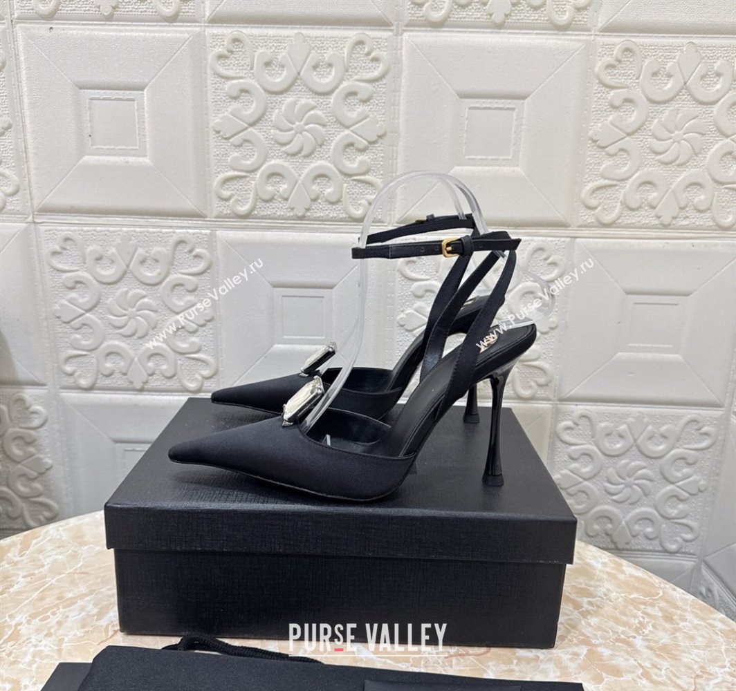 Saint Laurent Harlow Pumps 10.5cm in Satin with Strass and Stone Black 2025 8092189 (MD-250424055)