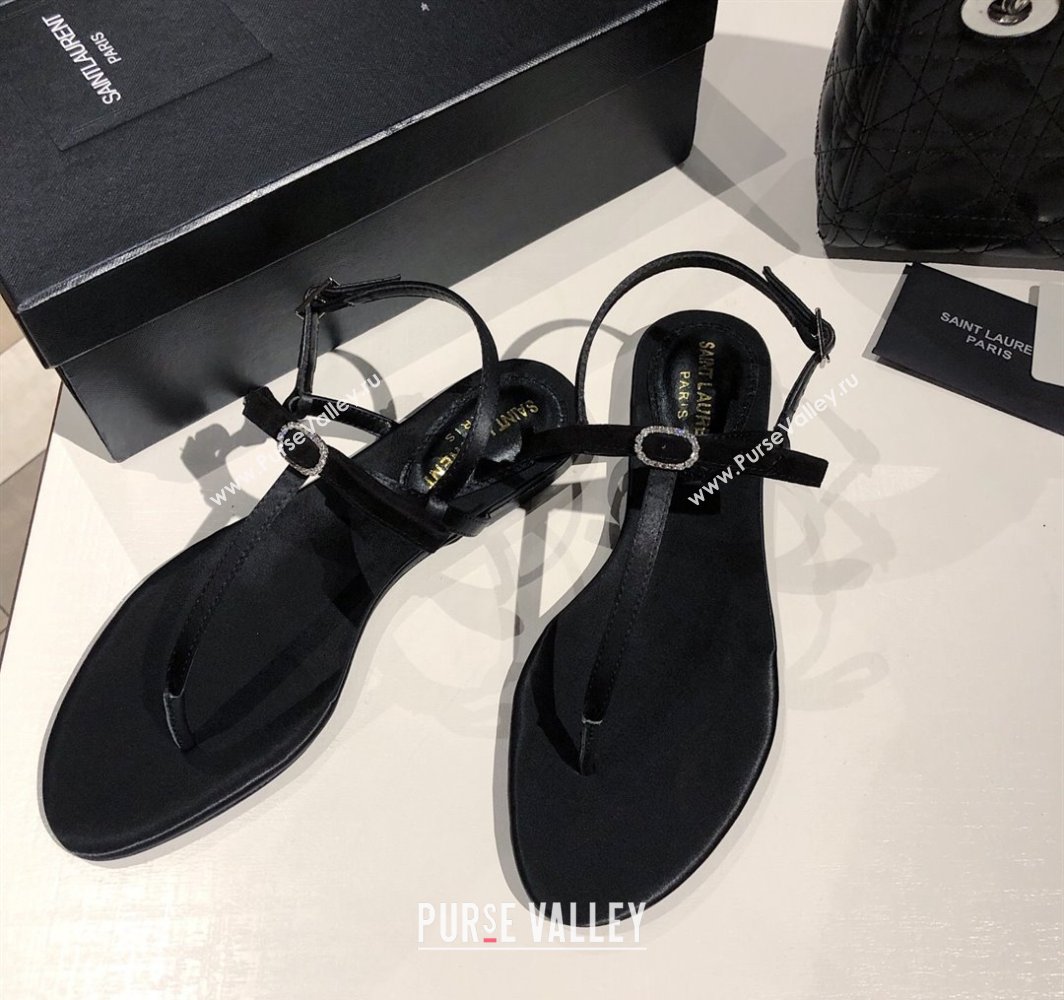 Saint Laurent Suede Flat Thong Sandals with Strass Bow Black 2025 YSL042402 (MD-250424006)