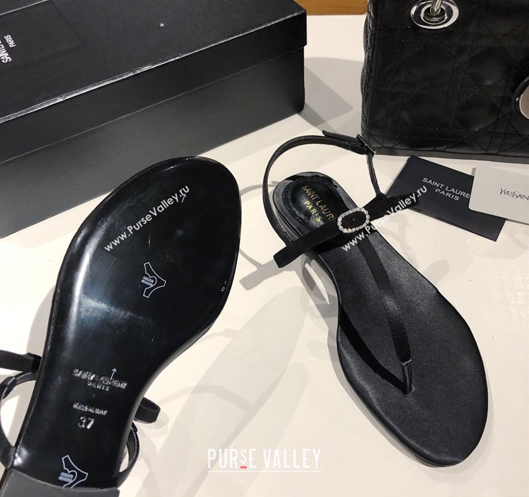 Saint Laurent Suede Flat Thong Sandals with Strass Bow Black 2025 YSL042402 (MD-250424006)
