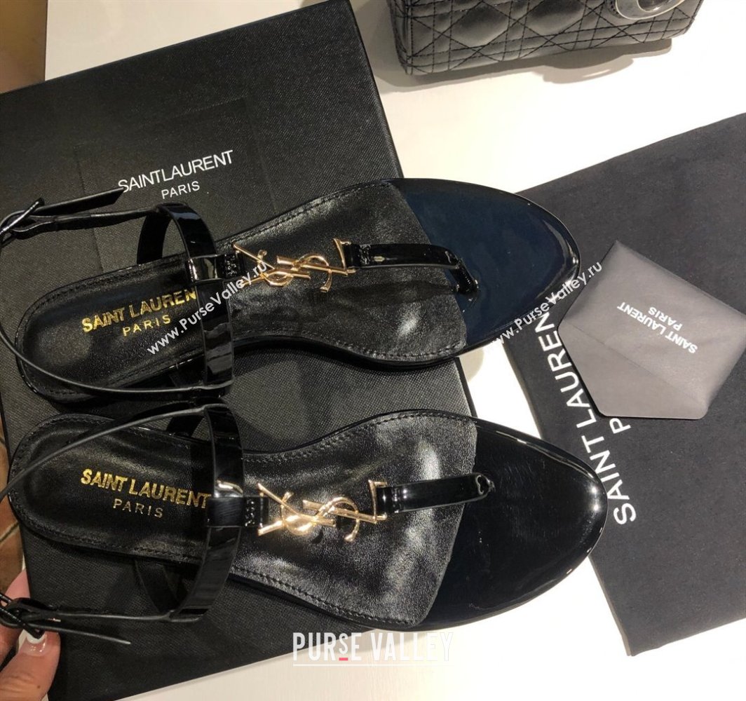 Saint Laurent Cassandra Flat Thong Sandals in Patent Leather Black/Gold 2025 0424 (MD-250424001)