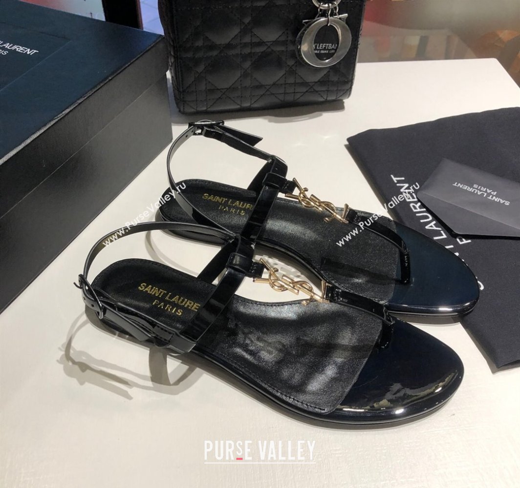 Saint Laurent Cassandra Flat Thong Sandals in Patent Leather Black/Gold 2025 0424 (MD-250424001)