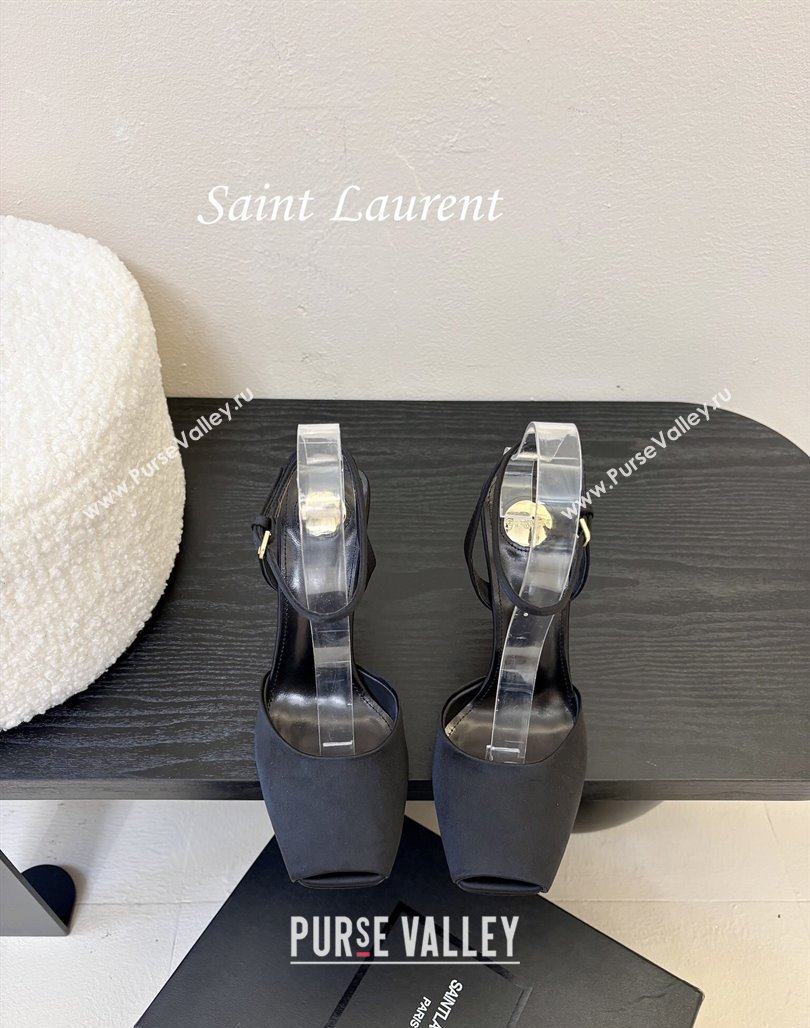 Saint Laurent La Scandale Open Toe Wedge Sandals 11cm in Satin Black/Gold 2025 8180079 (MD-250424061)
