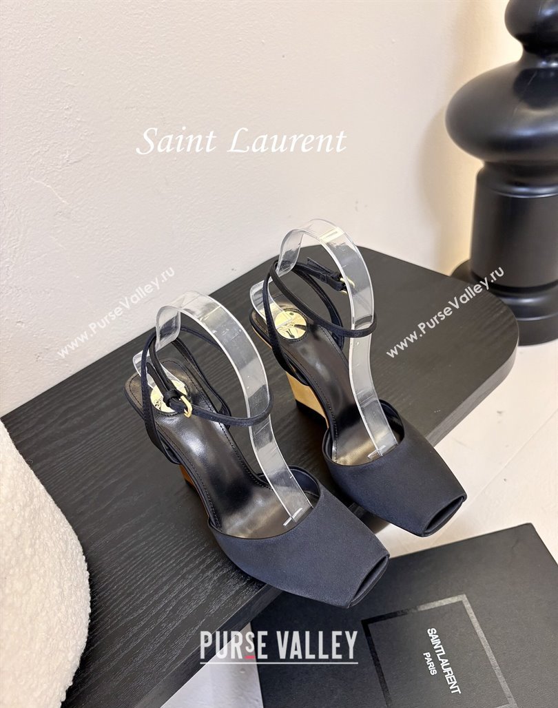 Saint Laurent La Scandale Open Toe Wedge Sandals 11cm in Satin Black/Gold 2025 8180079 (MD-250424061)