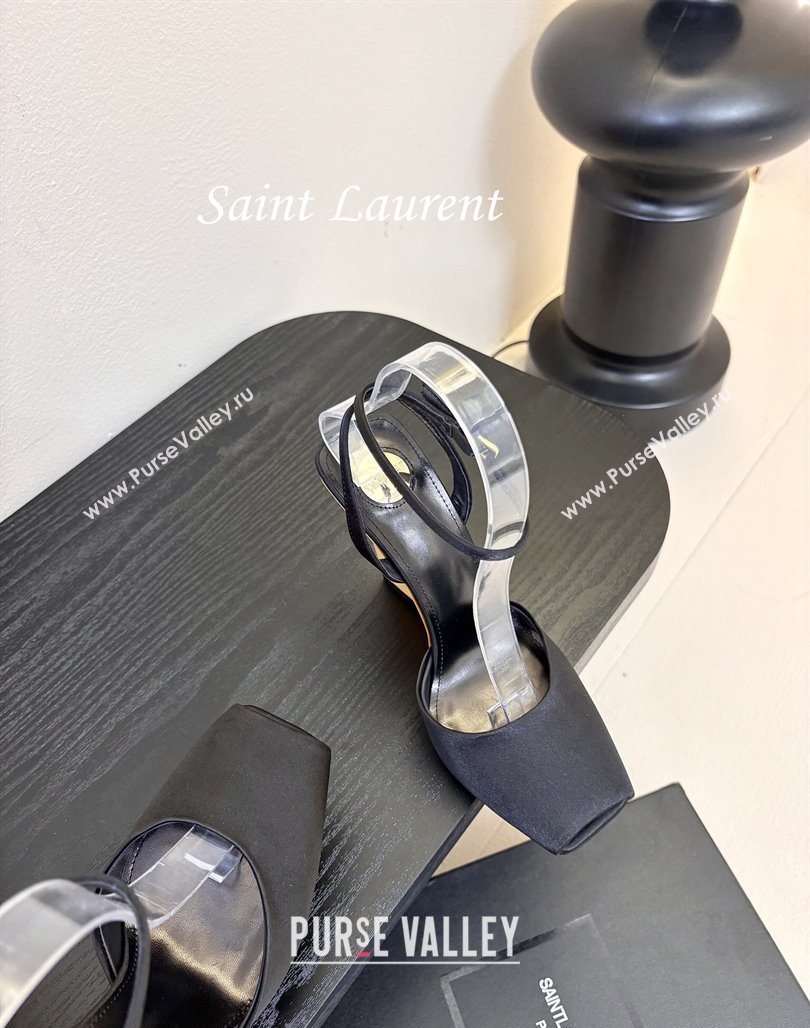 Saint Laurent La Scandale Open Toe Wedge Sandals 11cm in Satin Black/Gold 2025 8180079 (MD-250424061)