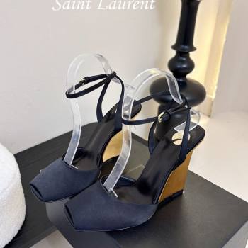 Saint Laurent La Scandale Open Toe Wedge Sandals 11cm in Satin Black/Gold 2025 8180079 (MD-250424061)