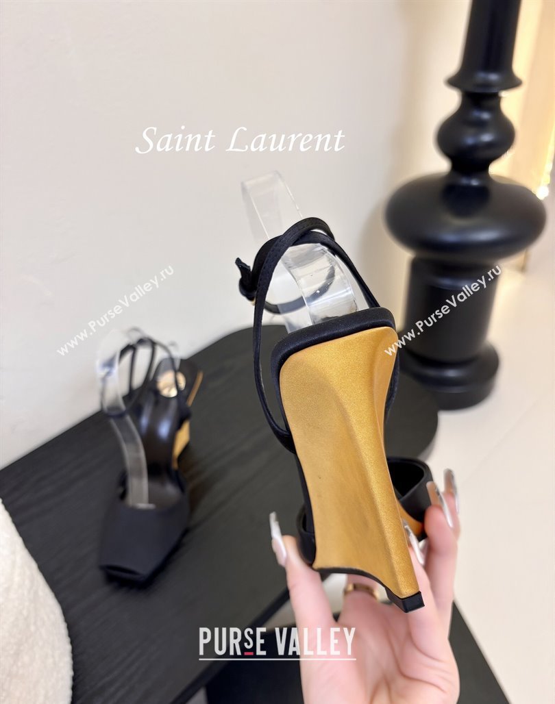Saint Laurent La Scandale Open Toe Wedge Sandals 11cm in Satin Black/Gold 2025 8180079 (MD-250424061)