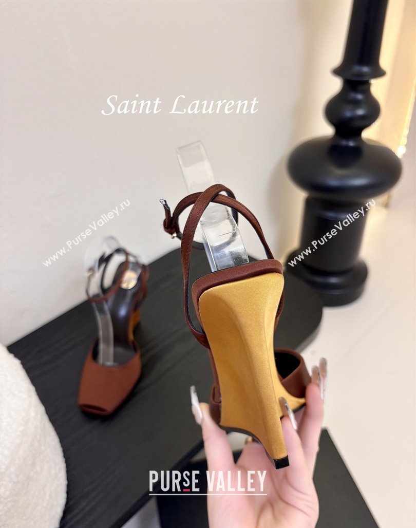 Saint Laurent La Scandale Open Toe Wedge Sandals 11cm in Satin Brown/Gold 2025 8180079 (MD-250424063)