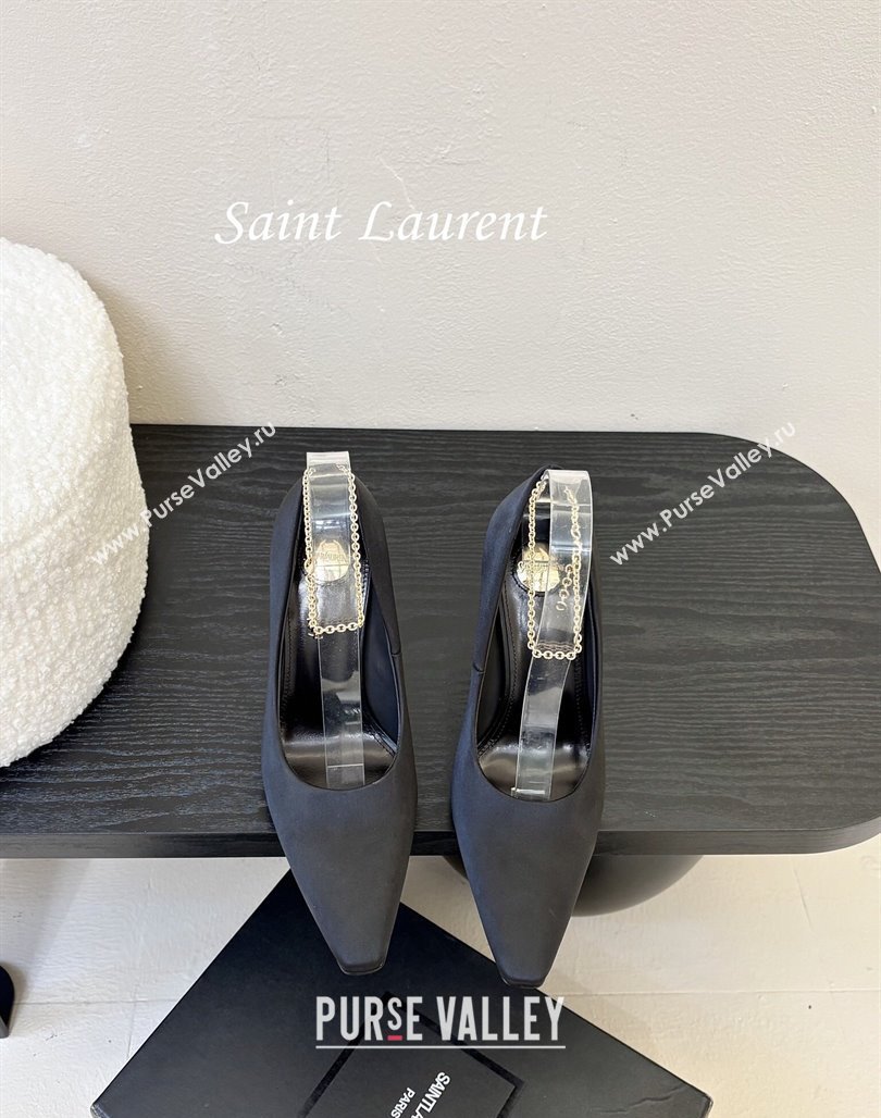 Saint Laurent Regine Pumps 11cm in Satin with Chain Black 2025 8060219 (MD-250424067)