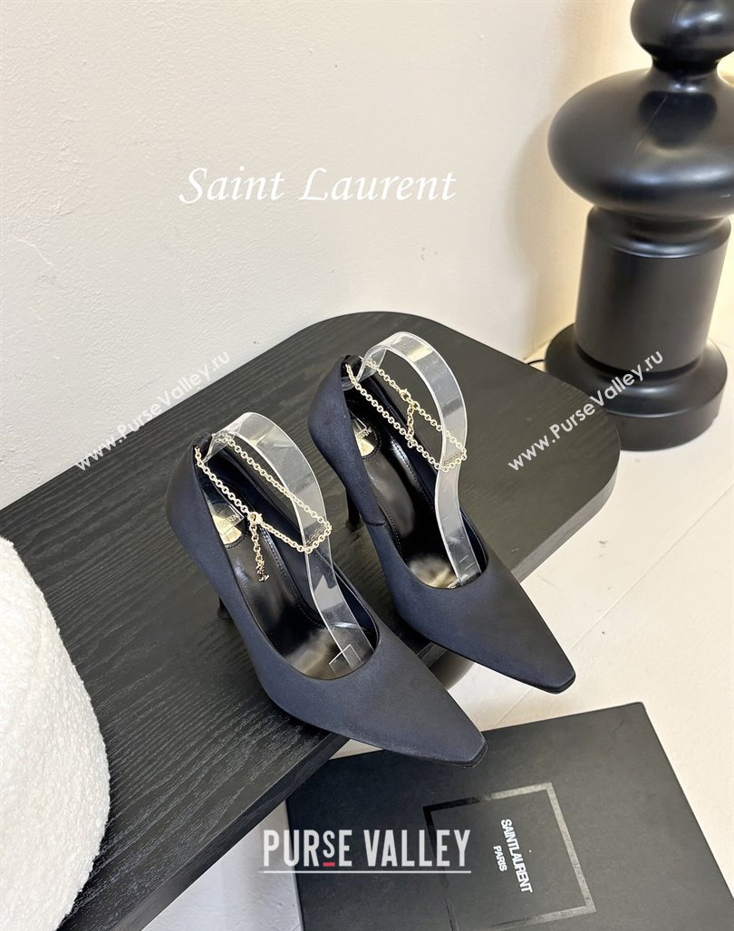 Saint Laurent Regine Pumps 11cm in Satin with Chain Black 2025 8060219 (MD-250424067)