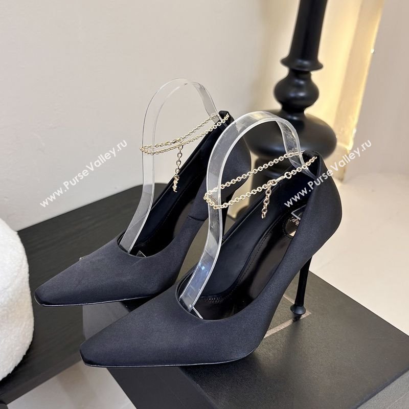 Saint Laurent Regine Pumps 11cm in Satin with Chain Black 2025 8060219 (MD-250424067)