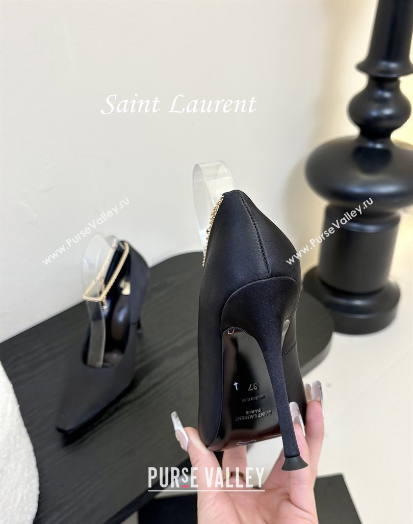 Saint Laurent Regine Pumps 11cm in Satin with Chain Black 2025 8060219 (MD-250424067)