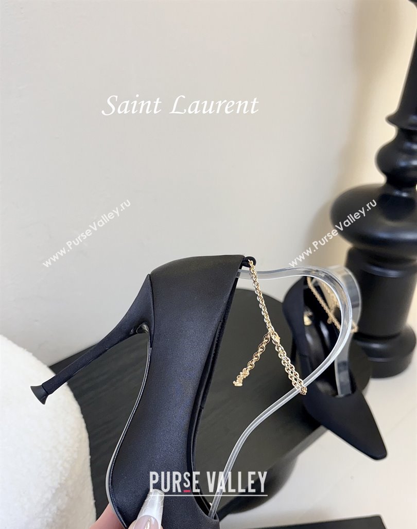 Saint Laurent Regine Pumps 11cm in Satin with Chain Black 2025 8060219 (MD-250424067)