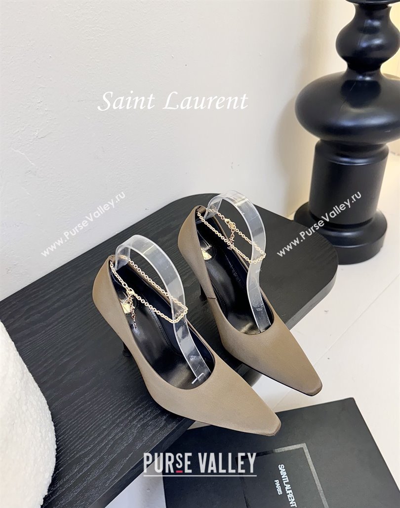 Saint Laurent Regine Pumps 11cm in Satin with Chain Green 2025 8060219 (MD-250424068)