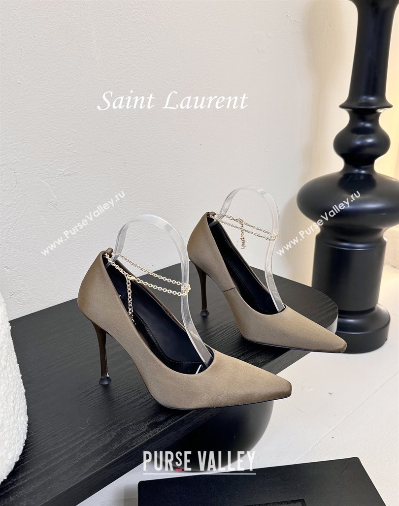 Saint Laurent Regine Pumps 11cm in Satin with Chain Green 2025 8060219 (MD-250424068)