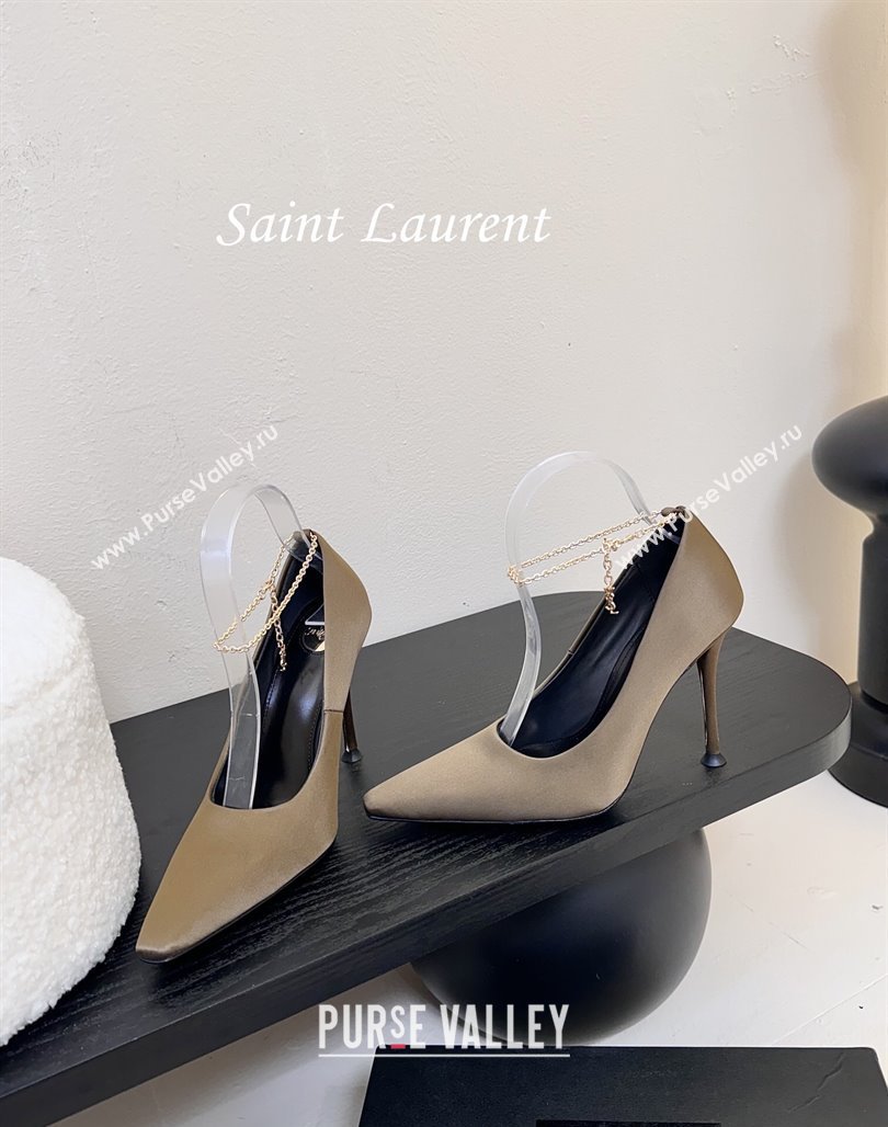Saint Laurent Regine Pumps 11cm in Satin with Chain Green 2025 8060219 (MD-250424068)