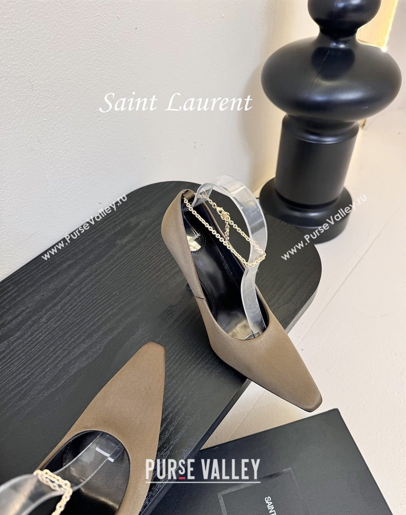 Saint Laurent Regine Pumps 11cm in Satin with Chain Green 2025 8060219 (MD-250424068)