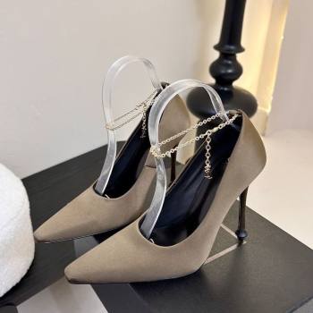 Saint Laurent Regine Pumps 11cm in Satin with Chain Green 2025 8060219 (MD-250424068)