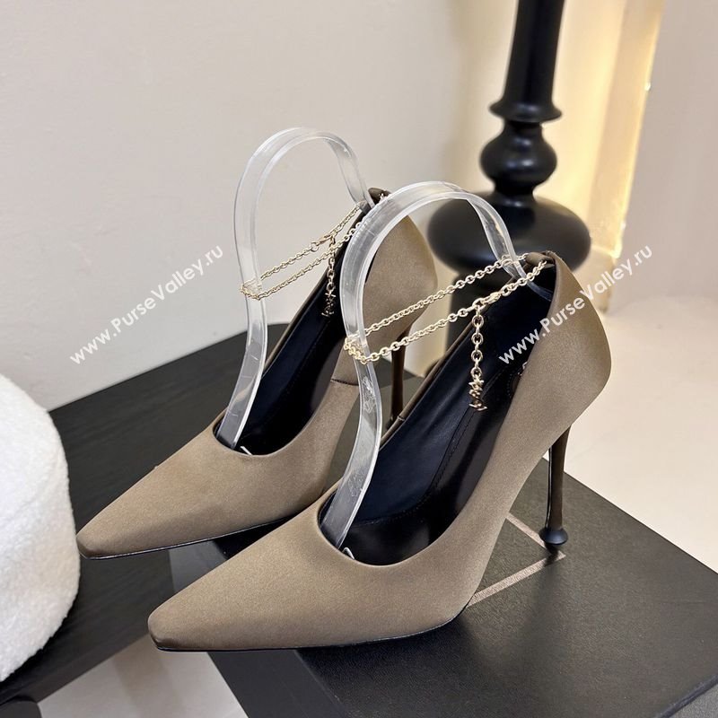 Saint Laurent Regine Pumps 11cm in Satin with Chain Green 2025 8060219 (MD-250424068)