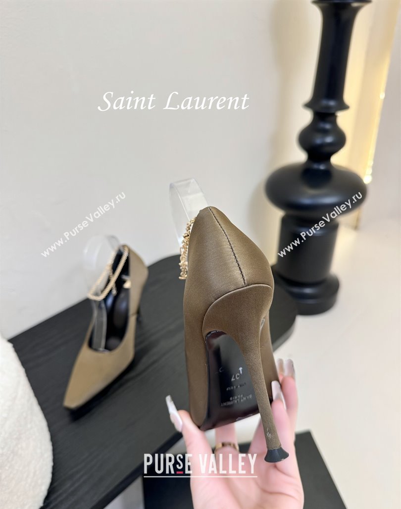 Saint Laurent Regine Pumps 11cm in Satin with Chain Green 2025 8060219 (MD-250424068)