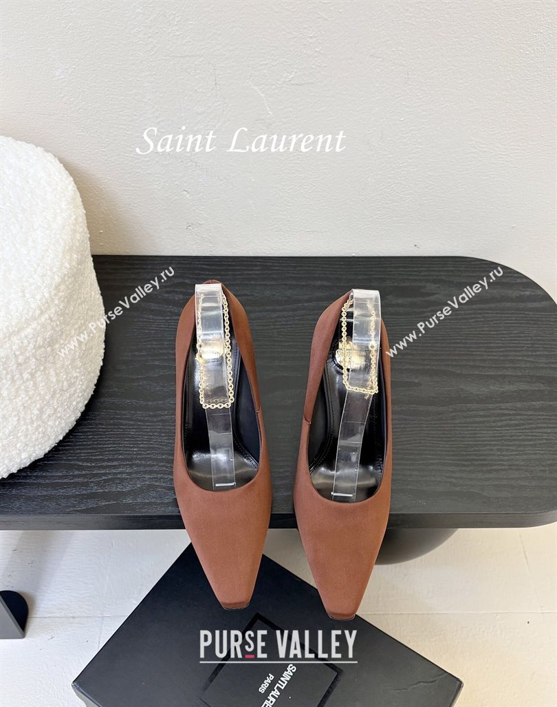 Saint Laurent Regine Pumps 11cm in Satin with Chain Brown 2025 8060219 (MD-250424069)
