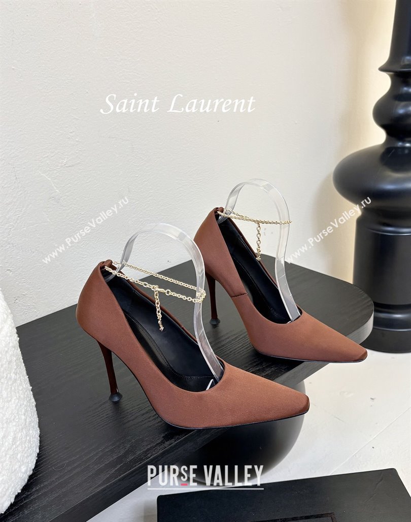 Saint Laurent Regine Pumps 11cm in Satin with Chain Brown 2025 8060219 (MD-250424069)
