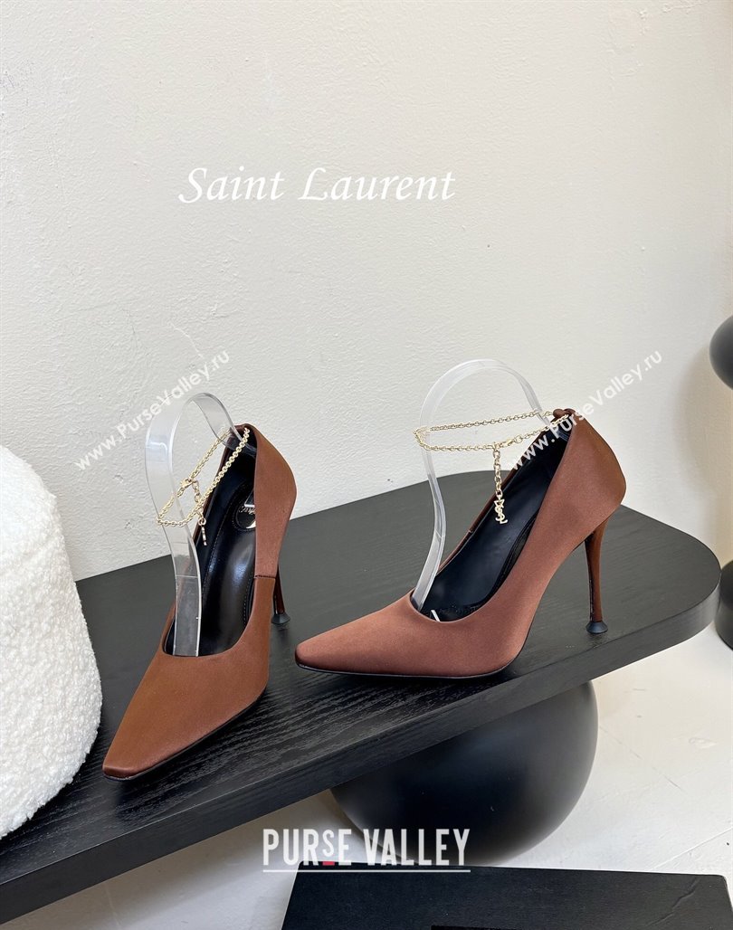 Saint Laurent Regine Pumps 11cm in Satin with Chain Brown 2025 8060219 (MD-250424069)