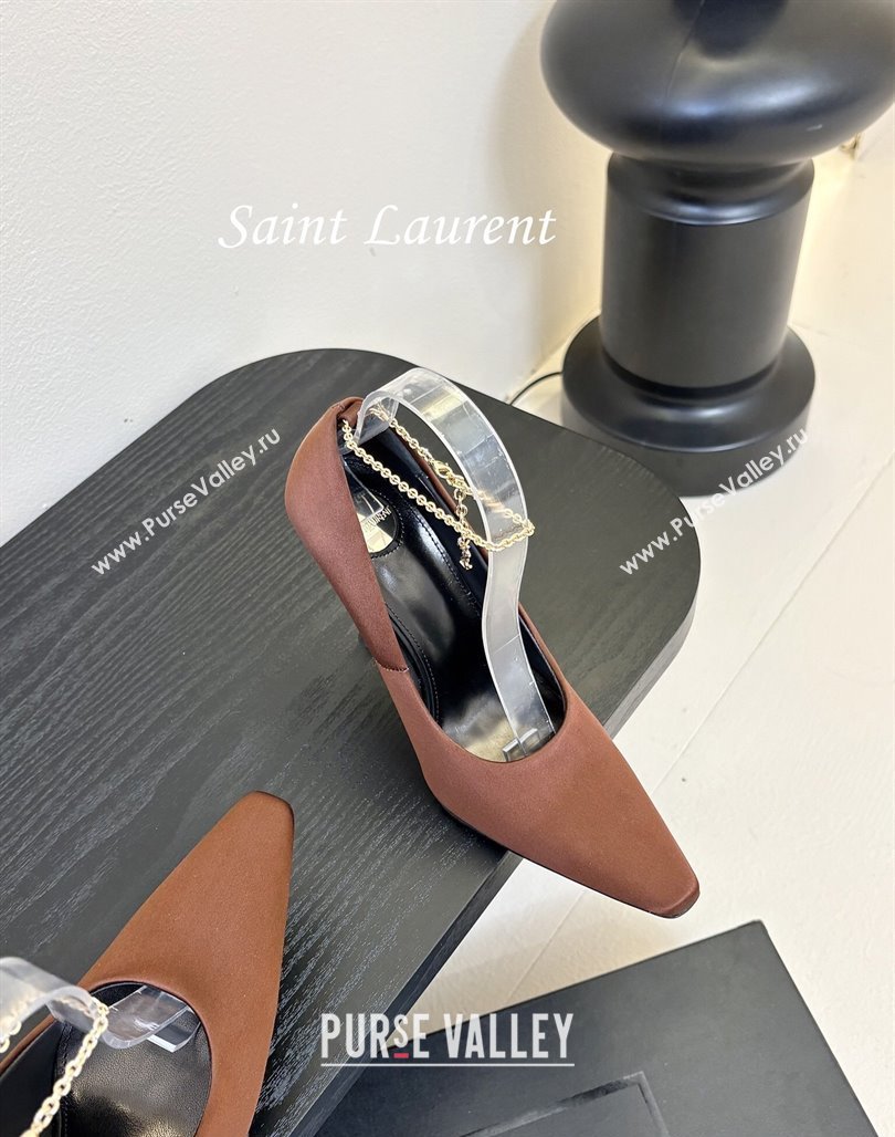 Saint Laurent Regine Pumps 11cm in Satin with Chain Brown 2025 8060219 (MD-250424069)