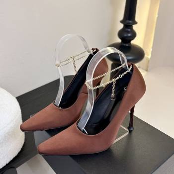 Saint Laurent Regine Pumps 11cm in Satin with Chain Brown 2025 8060219 (MD-250424069)