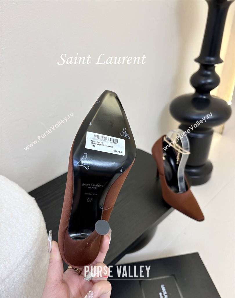 Saint Laurent Regine Pumps 11cm in Satin with Chain Brown 2025 8060219 (MD-250424069)