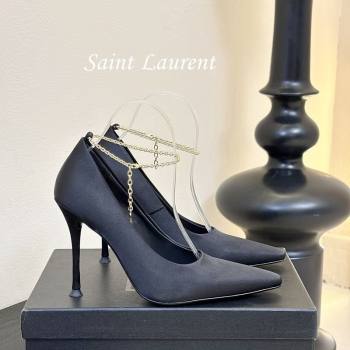 Saint Laurent Regine Pumps 11cm in Satin with Chain Black 2025 8060219 (MD-250424067)