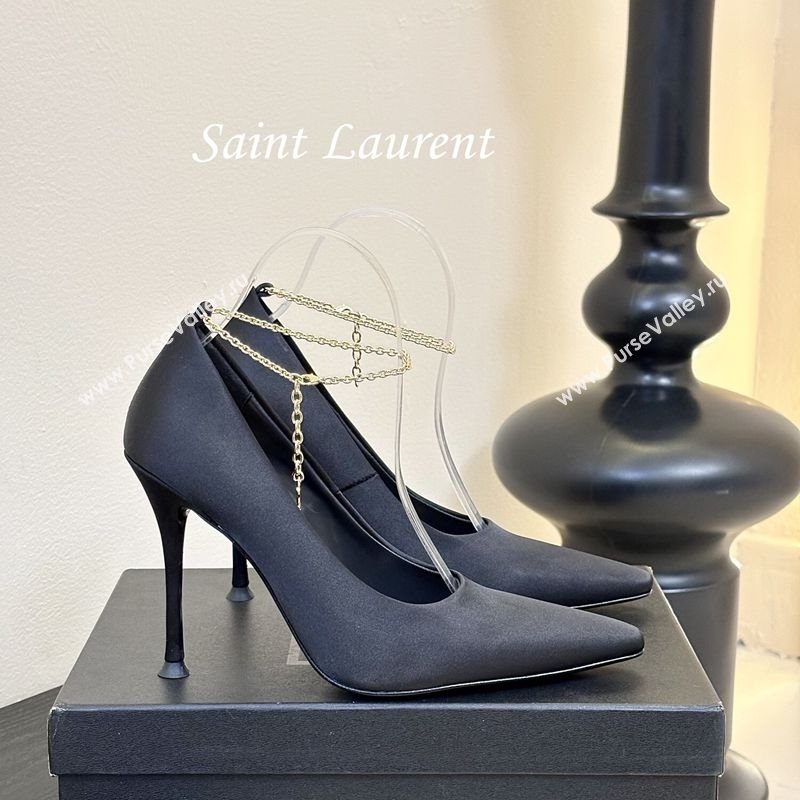 Saint Laurent Regine Pumps 11cm in Satin with Chain Black 2025 8060219 (MD-250424067)